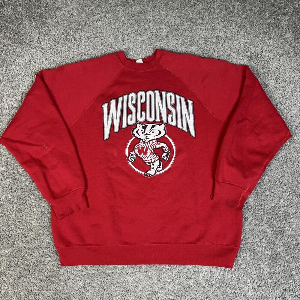 Vintage 80s Wisconsin Badgers Sweatshirt Mens L Red Football Discus Athletic